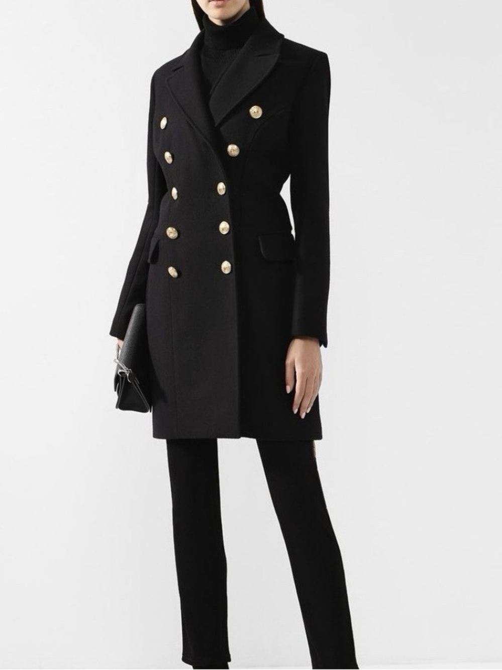 Balmain Black Double-Breasted Pea Coat with Gold Buttons
